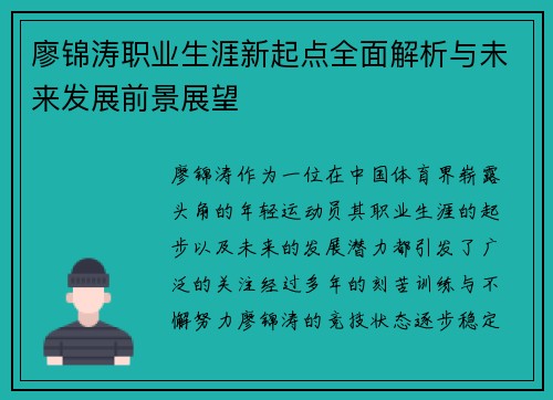 廖锦涛职业生涯新起点全面解析与未来发展前景展望 廖锦涛职业生涯新起点全面解析与未来发展前景展望