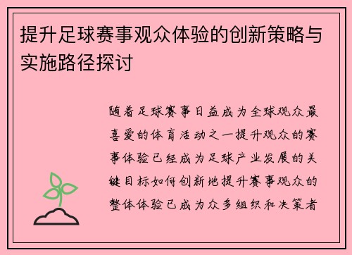 提升足球赛事观众体验的创新策略与实施路径探讨 提升足球赛事观众体验的创新策略与实施路径探讨
