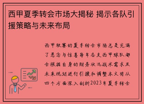 西甲夏季转会市场大揭秘 揭示各队引援策略与未来布局