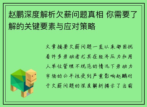 赵鹏深度解析欠薪问题真相 你需要了解的关键要素与应对策略 赵鹏深度解析欠薪问题真相 你需要了解的关键要素与应对策略